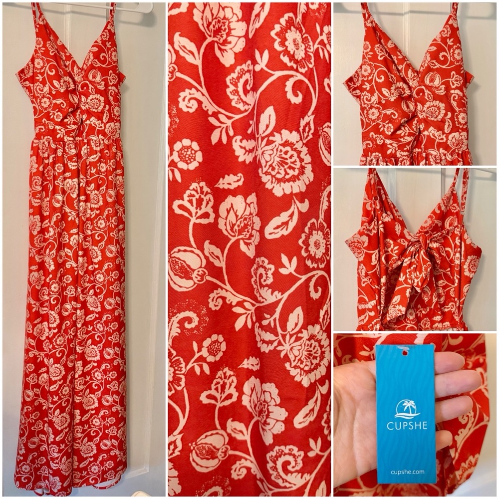NWT Women’s XS Cupshe Vibrant Red Floral Maxi Dress NEW WITH TAG Tie Back Boho